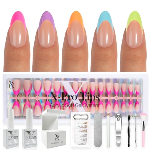 SXC Cosmetics XPro Tips French Tip Press On Nails Bright Pastel Glow in the Dark Series GLOW115KITM Almond - Image 1