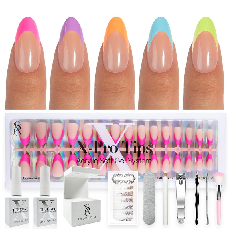 SXC Cosmetics XPro Tips French Tip Press On Nails Bright Pastel Glow in the Dark Series GLOW115KITM Almond - Image 2