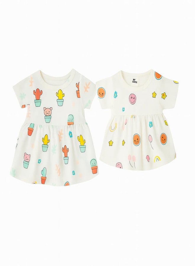 Nestlooms 100% Muslin Cotton Frock for Infant Baby Girl with Back Button Closure, Skin Friendly, Knee-Length Kids Frock Baby Girl Cotton Dress (3-6 Months, Combo of 2 Smiley & Cactus Cutie) - Image 1