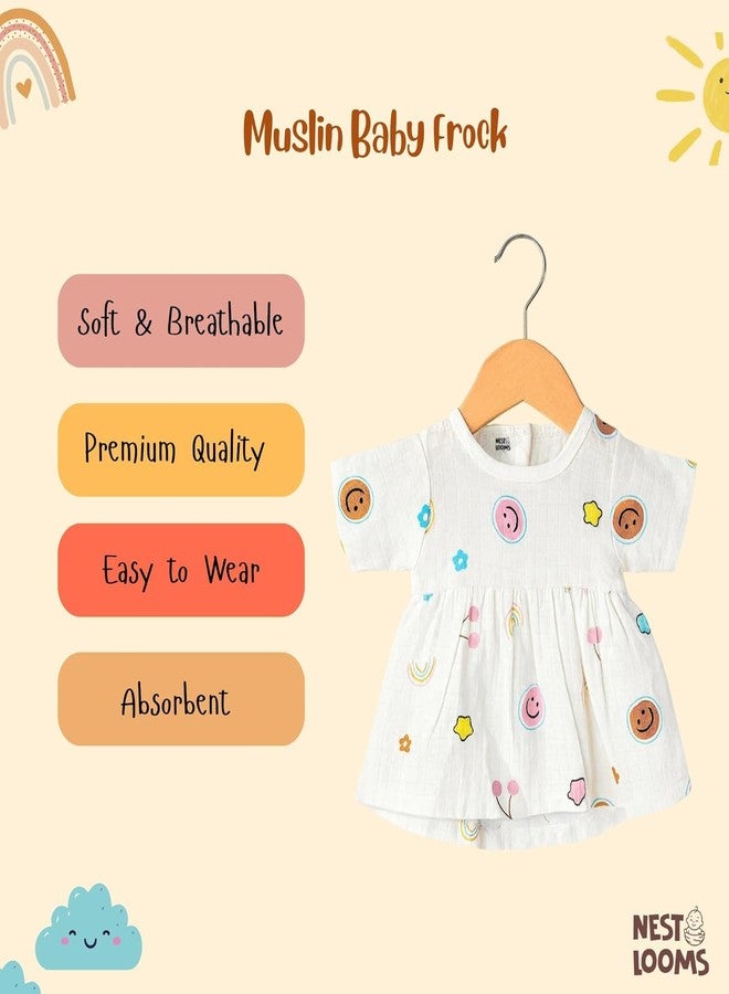 Nestlooms 100% Muslin Cotton Frock for Infant Baby Girl with Back Button Closure, Skin Friendly, Knee-Length Kids Frock Baby Girl Cotton Dress (3-6 Months, Combo of 2 Smiley & Cactus Cutie) - Image 3