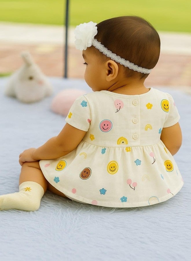 Nestlooms 100% Muslin Cotton Frock for Infant Baby Girl with Back Button Closure, Skin Friendly, Knee-Length Kids Frock Baby Girl Cotton Dress (3-6 Months, Combo of 2 Smiley & Cactus Cutie) - Image 5