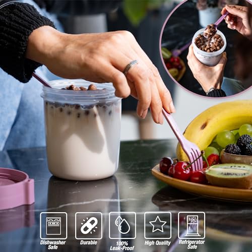 EYNEL 4 Pack On The Go 22 oz Breakfast Cups with Lids and Spoon, Reusable Cereal Yogurt Cup with Topping Plastic Overnight Oats Container for Granola Oatmeal (22 oz - 4 Pack) - Image 3