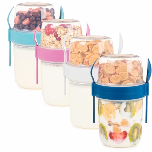 EYNEL 4 Pack On The Go 22 oz Breakfast Cups with Lids and Spoon, Reusable Cereal Yogurt Cup with Topping Plastic Overnight Oats Container for Granola Oatmeal (22 oz - 4 Pack) - Image 1
