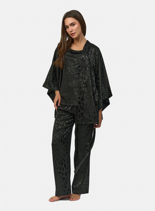 Carina Women’s Regular Fit Jacquard Satin 3-Piece Pyjama Set – Black - Image 1