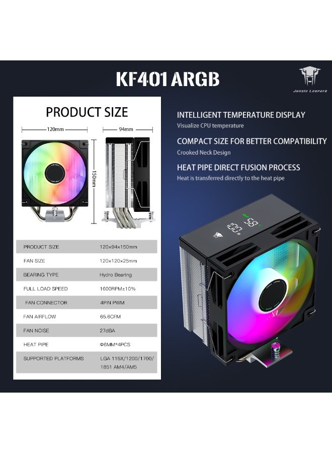 Jungle Leopard KF401 ARGB CPU Cooler Fan | 4 Heat Pipe Direct Touch Process, HDB Bearing 120mm PWM ARGB Fan Air Cooler 220W TDP, Suitable for AMD AM4/AM5 & Intel LGA 1700/1200/115X (ARGB) - Image 2