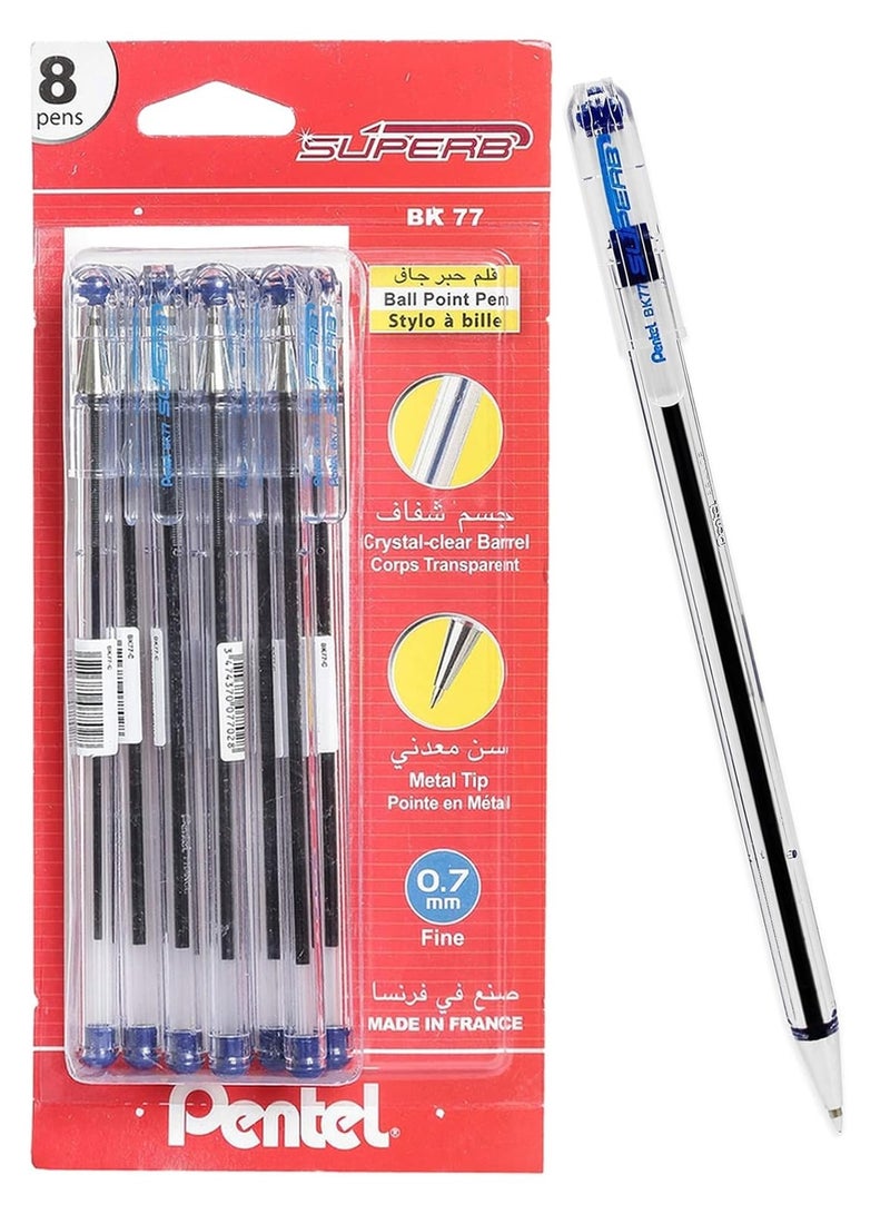 Pentel 8-Piece Superb BK77 Ballpoint Pen Fine 0.7mm Tip Blue ink - Image 1