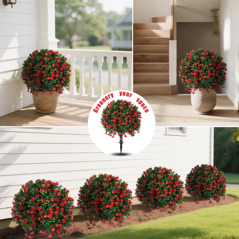 Yangrass Artificial Rose Topiary Ball Trees with Ground Spike, 2 Pack 16 Inches UV Resistant Artificial Shrubs, Fake Evergreen Artificial Plant Brush for Indoor Outdoor Front Porch Garden - Image 4