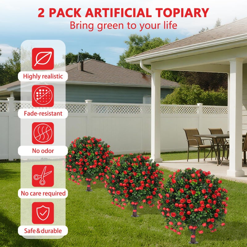 Yangrass Artificial Rose Topiary Ball Trees with Ground Spike, 2 Pack 16 Inches UV Resistant Artificial Shrubs, Fake Evergreen Artificial Plant Brush for Indoor Outdoor Front Porch Garden - Image 3