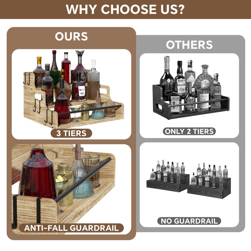 Lavendex 3-Tier Liquor Bottle Display Shelf, Bar Stand for Whiskey, Spirits, Coffee Syrup Rack Organizer, Countertop Wine Rack for Home, Mini Coffee Bar, Small Liquor Cabinet and Kitchen Light Brown - Image 5