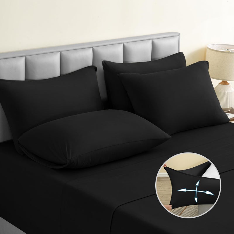 BYSURE 6 Pieces Non-slip Super Soft Bed Sheet Set(King, Black), Wrinkle-free and T-shirt-like Spandex Blend Sheets with 18-inch Deep Pocket, 4-way Soft Stretch Bed Sheets - Image 1
