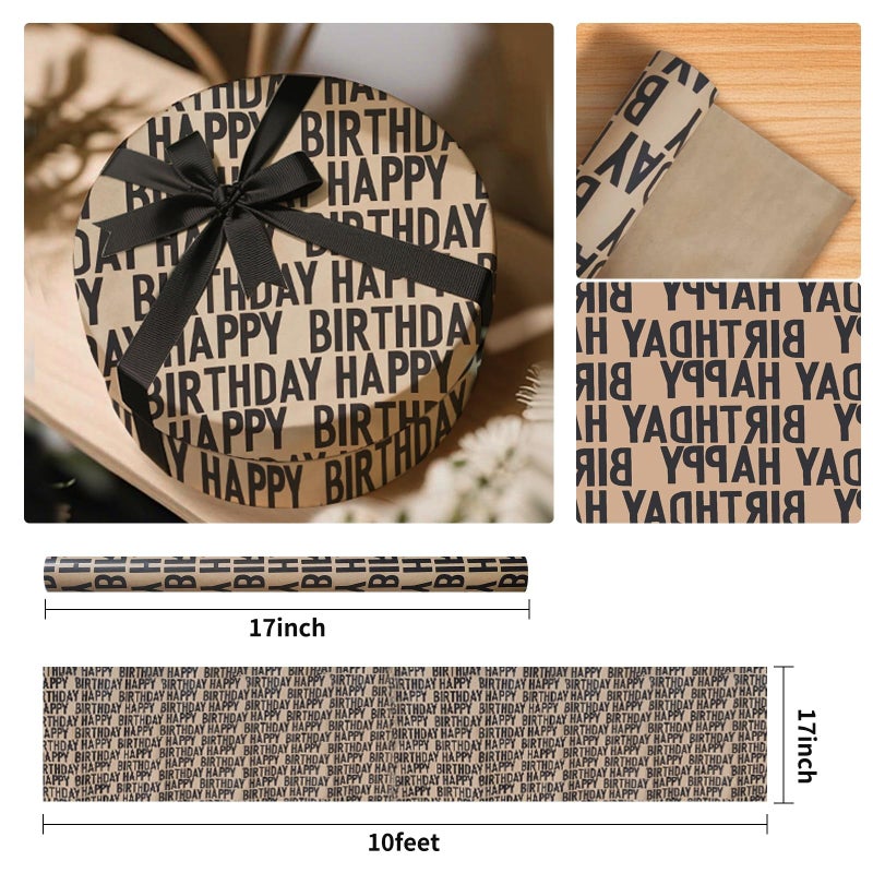 Winjeto Gift Wrapping Paper Roll - Birthday Kraft Wrapping Paper Vintage Style Paper Perfect for Men Women Brown Kraft Paper with Black Pattern Gift Wrap for Birthday Party- 17 inch X 120 inch(10 feet) - Image 2