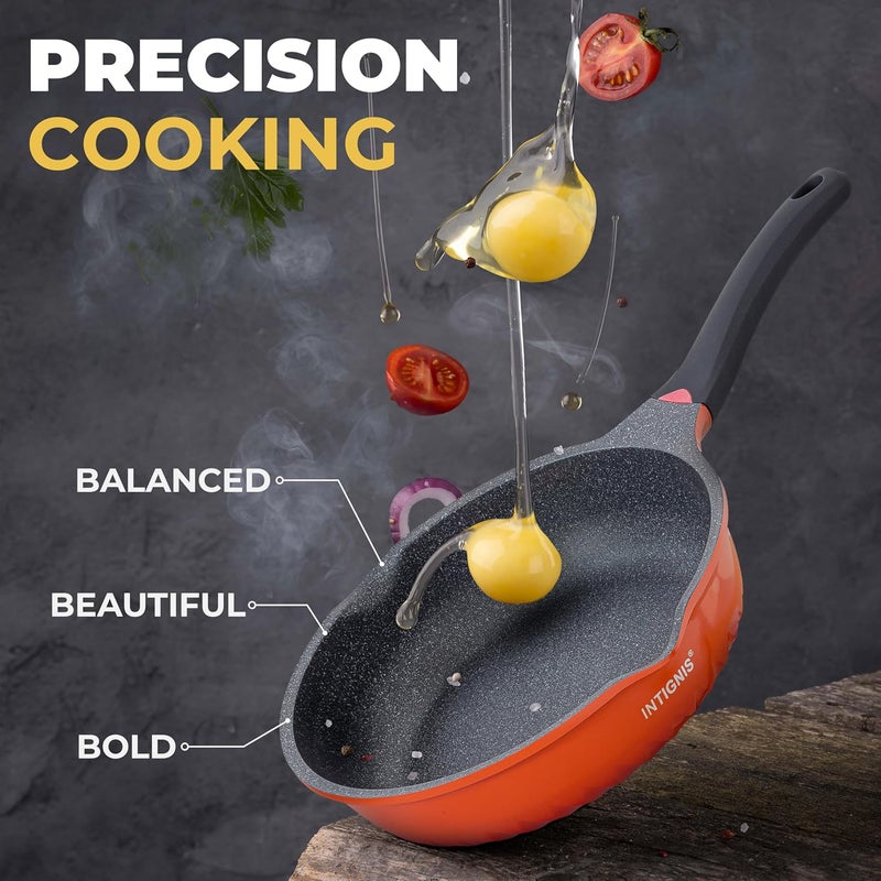 INTIGNIS Anti-Scratch Frying Pan with Glass Lid - 28cm / 30 cm deep Sauté Pan, German Greblon Stone Coating - Induction Pan Chemical-Free (Orange, 30 CM) - Image 4