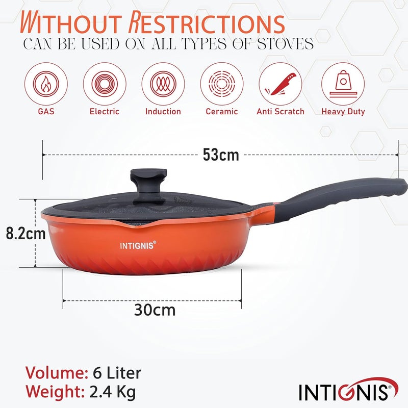 INTIGNIS Anti-Scratch Frying Pan with Glass Lid - 28cm / 30 cm deep Sauté Pan, German Greblon Stone Coating - Induction Pan Chemical-Free (Orange, 30 CM) - Image 2