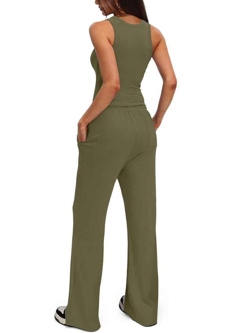 Darong Women's 2 Piece Outfits Lounge Sets Sleeveless Tank Tops Wide Leg Pants Sets Tracksuits Match Sets 9054A(inseam28-29) Army Green M - Image 2