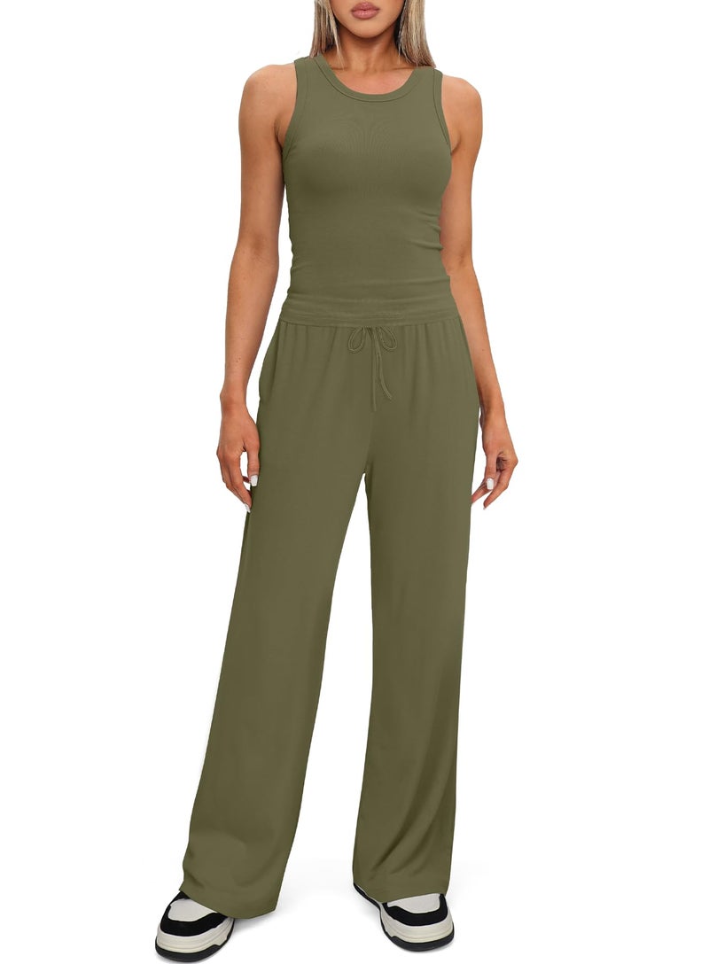 Darong Women's 2 Piece Outfits Lounge Sets Sleeveless Tank Tops Wide Leg Pants Sets Tracksuits Match Sets 9054A(inseam28-29) Army Green M - Image 3