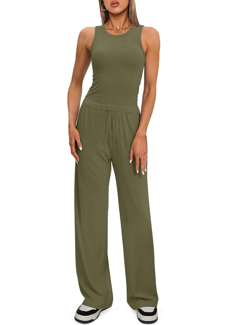 Darong Women's 2 Piece Outfits Lounge Sets Sleeveless Tank Tops Wide Leg Pants Sets Tracksuits Match Sets 9054A(inseam28-29) Army Green M - Image 4
