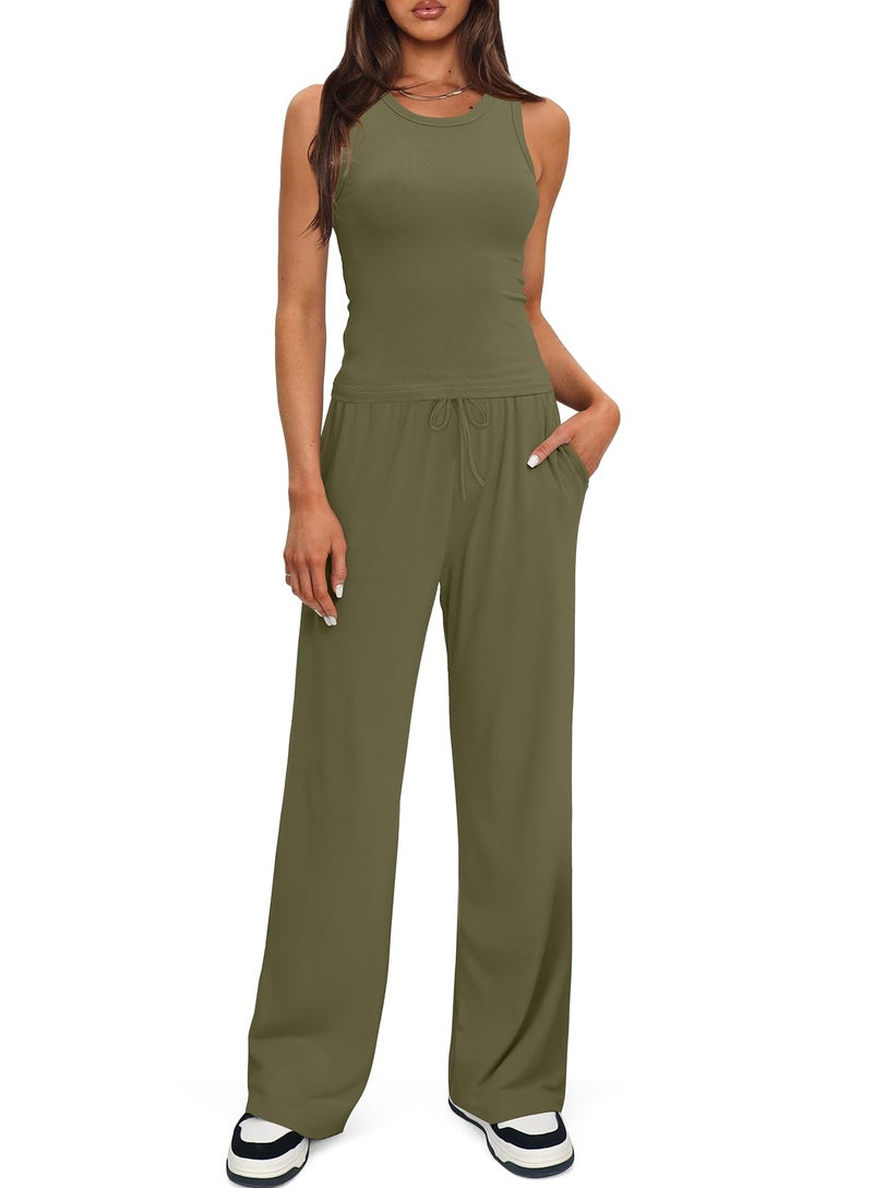 Darong Women's 2 Piece Outfits Lounge Sets Sleeveless Tank Tops Wide Leg Pants Sets Tracksuits Match Sets 9054A(inseam28-29) Army Green M - Image 1