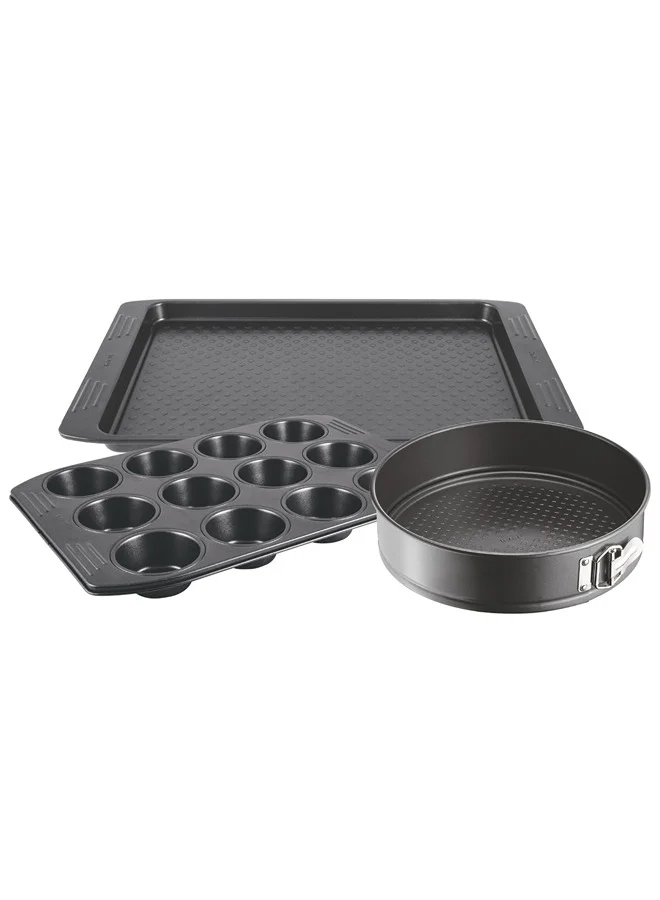 Tefal Easy Grip 3 Pcs Baking Set (12 Muffins 26.5X39.5Cm Baking Tray 29.5X41Cm Springform 25Cm) Dark Grey Carbon Steel J162S385