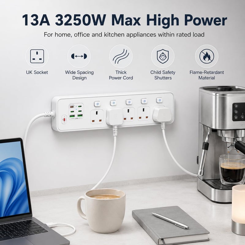  قورق الصحراء 3M سلك تمديد مع مقبس طاقة USB-C PD 30W، 5 طرق تمديد بريطاني، 5 مقابس و 6 منافذ USB، مفاتيح فردية، 13A 3250W، قابل للتركيب على الحائط، أبيض - Image 5