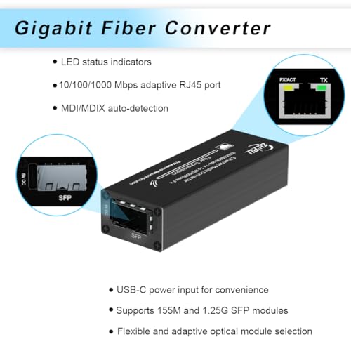 Mxtgifar Mini Gigabit Fiber Media Converter Pair 10/100/1000Mbps with Matched SFP Module Pair (SM Single Fiber 1310nm/1550nm 20km), USB Type-C 5V Power Input, for CCTV/IP Cameras - Image 2