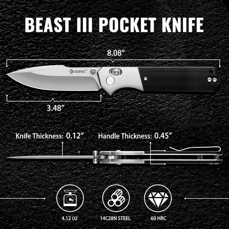 NedFoss BEAST Pocket Knife, 3.48" 14C28N Steel Blade Axis Lock Knife with Reversible Deep-Carry Pocket Clip, G10 Handle, Lightweight EDC Knife Camping Gifts for Men Women - Image 5