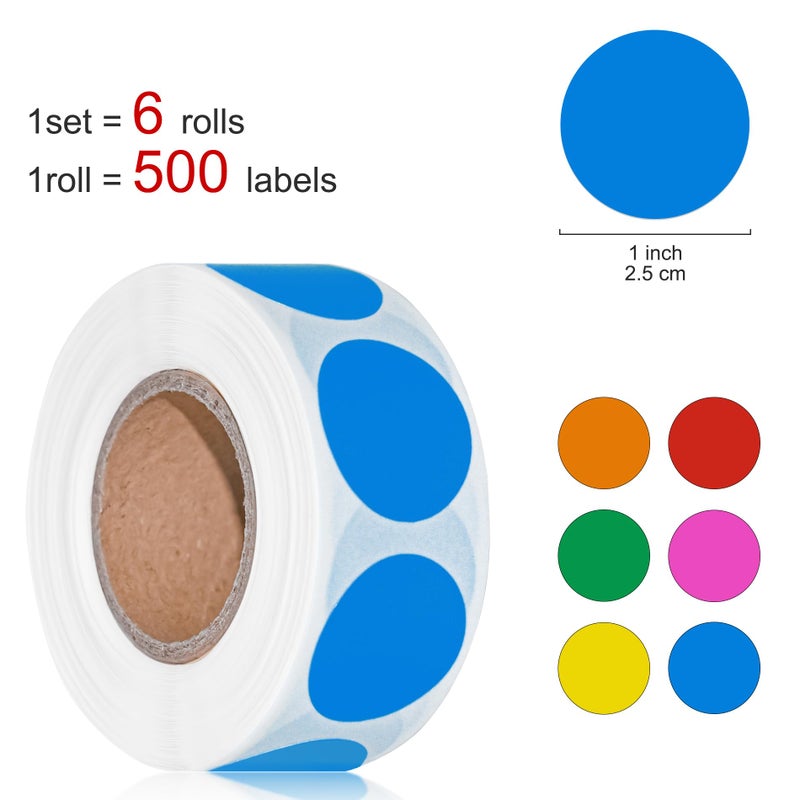 Hoewina 3000Pcs Colored Dot Stickers  1"" Label Sticker Round Color Coding Labels Circle Dots Labels Circle Stickers For Office Classroom Family(Etc - 6 Colors  500 Labels/Roll) - Image 2