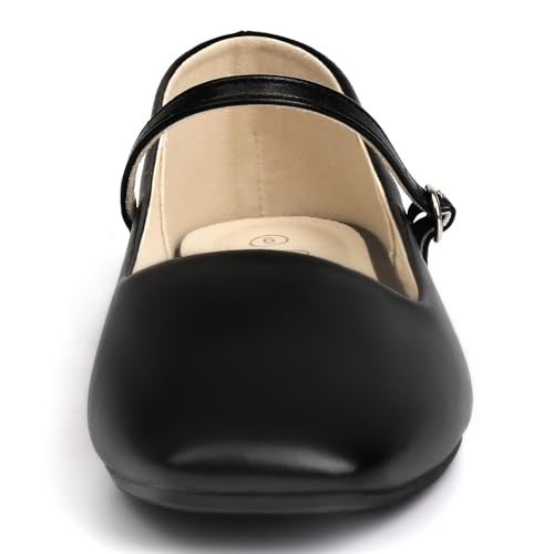 MUSSHOE Womens Ballet Mary Jane Flats Shoes Adjustable Strap Comfortable Square Closed Toe Versatile Chic Footwear with Latex Insole Black Size 6 - Image 2