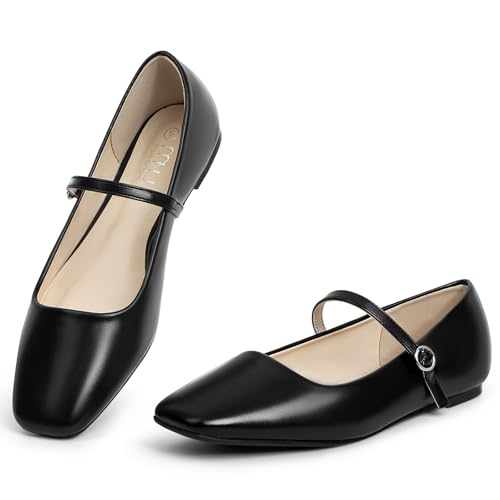 MUSSHOE Womens Ballet Mary Jane Flats Shoes Adjustable Strap Comfortable Square Closed Toe Versatile Chic Footwear with Latex Insole Black Size 6 - Image 1