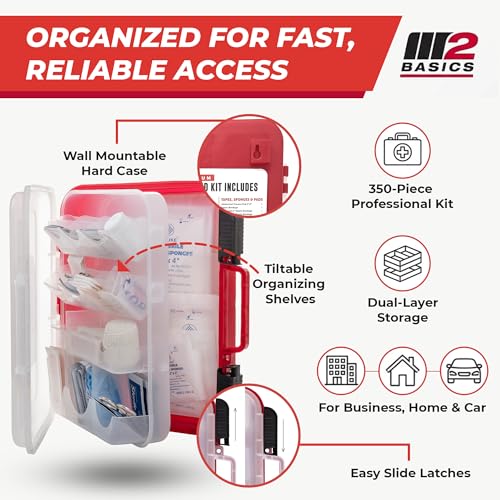 M2 BASICS 350 Piece First Aid Kit, Wall Mount Hard Case with Dual Layer Compartments for Workplace, Office, Warehouse, Home, Car - Image 2