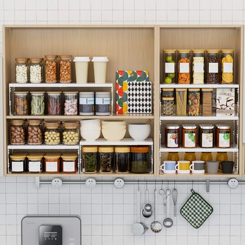 Asiingkel Stackable Expandable Metal Shelf Organizer - Adjustable Wire Storage Rack with Holes for Kitchen, Bathroom, Cabinet, Office - Space Saving, Durable & Sturdy Design（1PACK/Large/White - Image 5