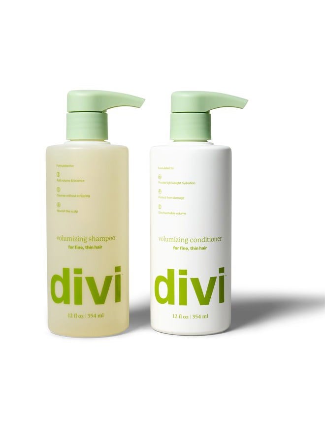 Divi Volumizing Shampoo and Conditioner Set for Women and Men - Lightweight Hair Care Duo for Fine and Thinning Hair - Adds Volume, Lift, and Bounce - Strengthens and Nourishes Hair, 2 x 12 Fl Oz - Image 1