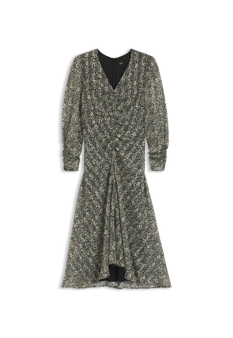 BOSS Printed-seersucker midi dress with gathered details