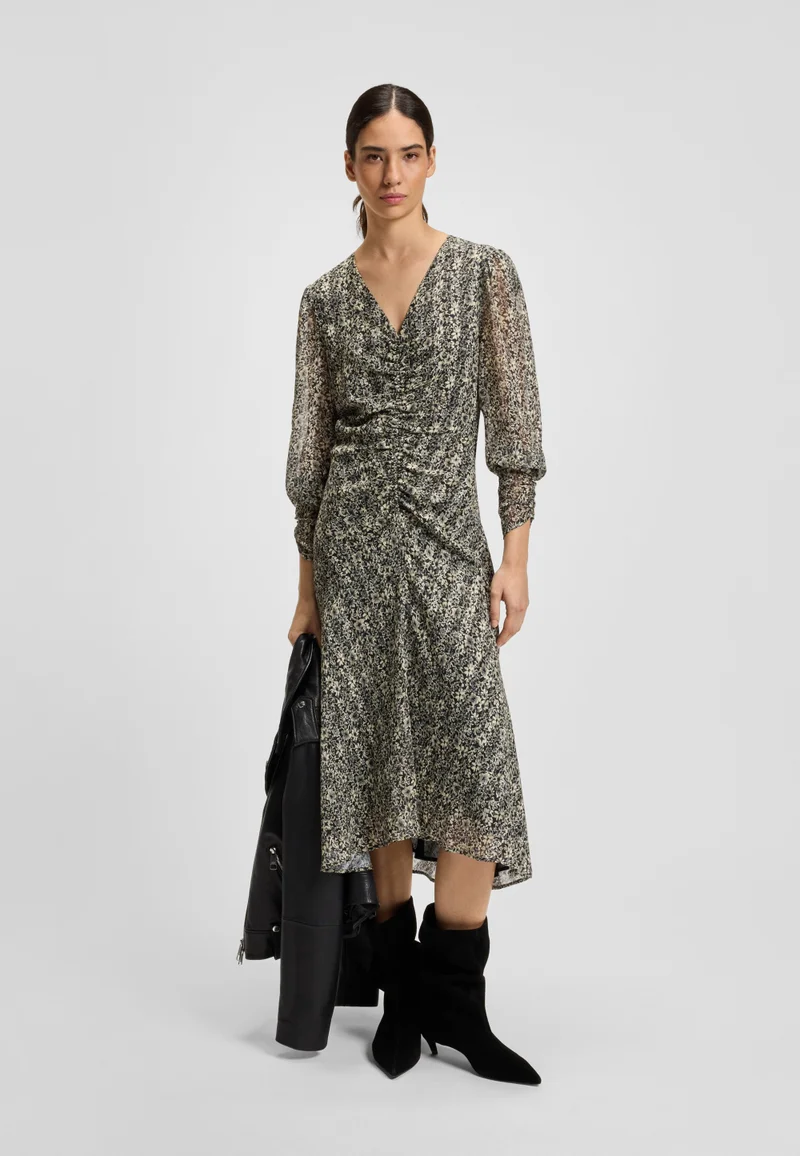 BOSS Printed-seersucker midi dress with gathered details