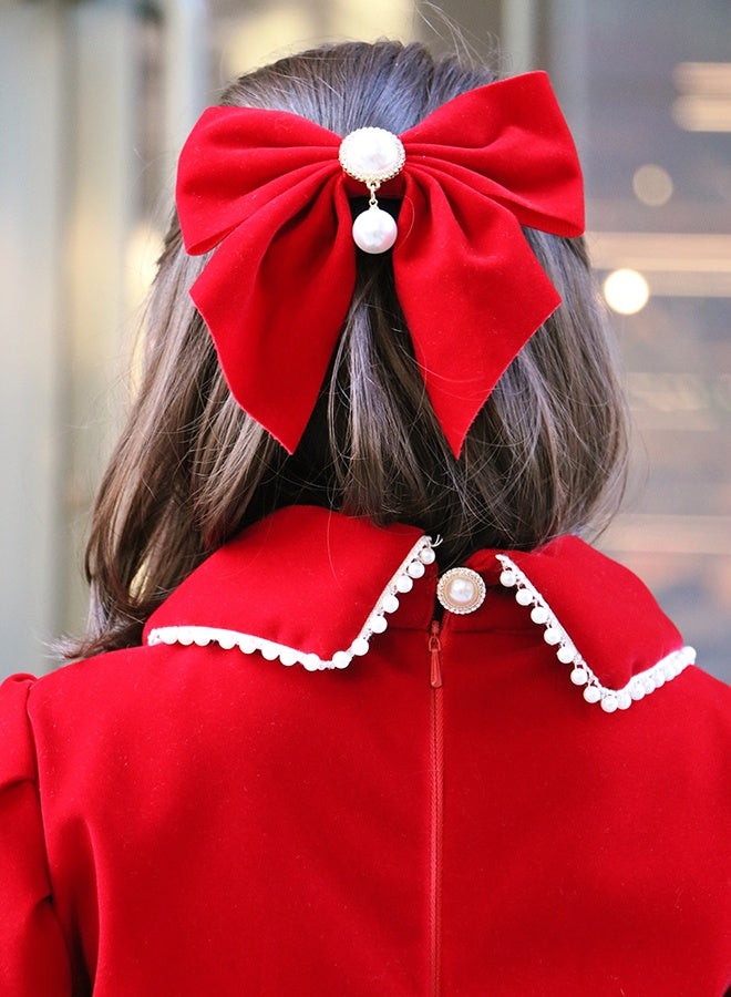 عبايات حوراء فستان بناتي مخملي أحمر مع فيونكة كبيرة وتصميم راقٍ للمناسبات - Image 2