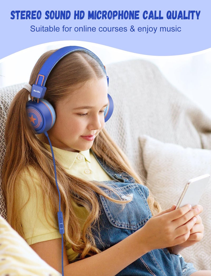 New Bee Kids Headphones for School with Microphone KH20 HD Stereo Safe Volume Limited 85dB/94dB Foldable Lightweight On-Ear Headphone for boy Mac/Android/Kindle/Tablet/Pad(Royal Blue) - Image 5