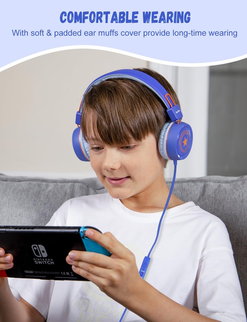 New Bee Kids Headphones for School with Microphone KH20 HD Stereo Safe Volume Limited 85dB/94dB Foldable Lightweight On-Ear Headphone for boy Mac/Android/Kindle/Tablet/Pad(Royal Blue) - Image 2
