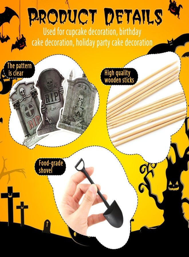 ZOCONE 48 PCS Halloween Cupcake Toppers with Mini Shovel Spoons, Tombstone Graveyard Cake Toppers for Zombie Theme Party, Tombstone Cupcake Decorations for Halloween Party Decoration and Supplies - Image 3