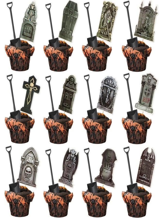 ZOCONE 48 PCS Halloween Cupcake Toppers with Mini Shovel Spoons, Tombstone Graveyard Cake Toppers for Zombie Theme Party, Tombstone Cupcake Decorations for Halloween Party Decoration and Supplies - Image 1