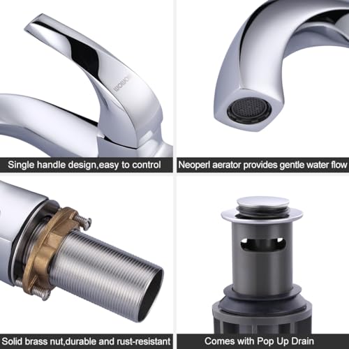 WOWOW Single Handle Bathroom Faucet 1 Hole High Arc Bathroom Basin Faucet Chrome with Pop Up Drain, Solid Brass Commercial Bathroom Sink Faucet Basin Vanity Sink (Patented Product) - Image 4