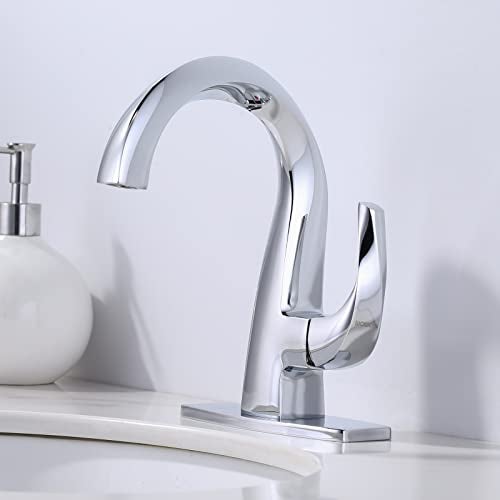 WOWOW Single Handle Bathroom Faucet 1 Hole High Arc Bathroom Basin Faucet Chrome with Pop Up Drain, Solid Brass Commercial Bathroom Sink Faucet Basin Vanity Sink (Patented Product) - Image 3