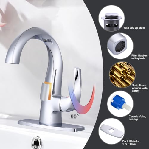 WOWOW Single Handle Bathroom Faucet 1 Hole High Arc Bathroom Basin Faucet Chrome with Pop Up Drain, Solid Brass Commercial Bathroom Sink Faucet Basin Vanity Sink (Patented Product) - Image 5