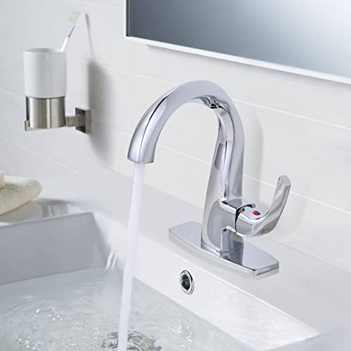 WOWOW Single Handle Bathroom Faucet 1 Hole High Arc Bathroom Basin Faucet Chrome with Pop Up Drain, Solid Brass Commercial Bathroom Sink Faucet Basin Vanity Sink (Patented Product) - Image 2