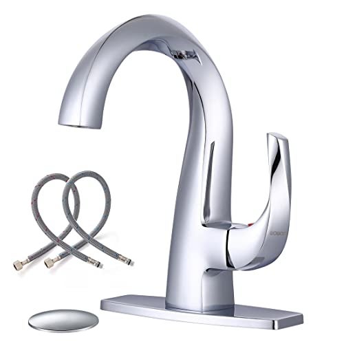 WOWOW Single Handle Bathroom Faucet 1 Hole High Arc Bathroom Basin Faucet Chrome with Pop Up Drain, Solid Brass Commercial Bathroom Sink Faucet Basin Vanity Sink (Patented Product) - Image 1