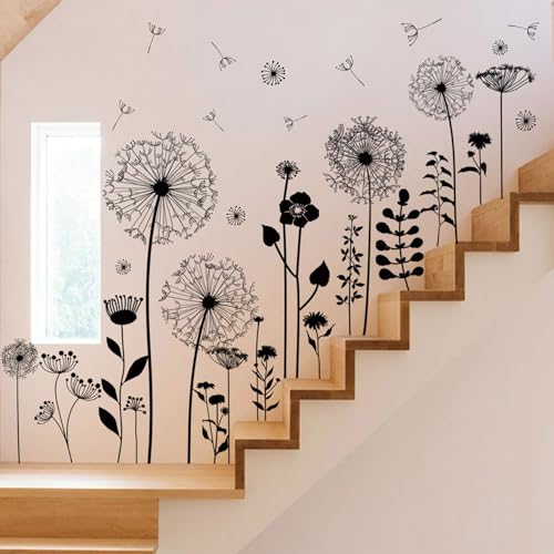 CharmFlo Black Dandelion Wall Decals Peel and Stick - Large Floral Wall Art Stickers with Flying Flowers, Boho Vintage Removable Vinyl Decor for Bedroom Living Room Nursery Bathroom - Image 1