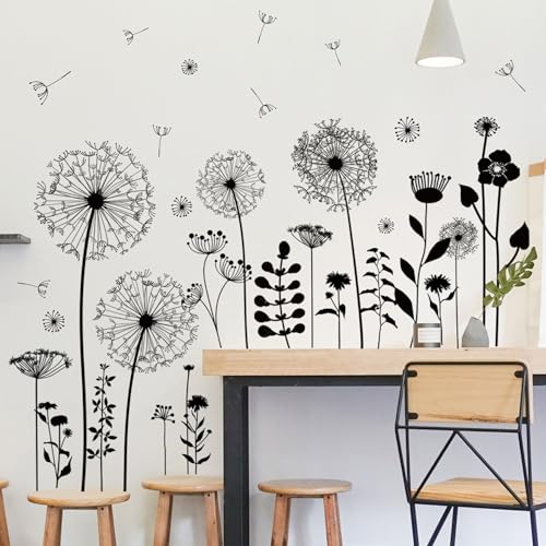 CharmFlo Black Dandelion Wall Decals Peel and Stick - Large Floral Wall Art Stickers with Flying Flowers, Boho Vintage Removable Vinyl Decor for Bedroom Living Room Nursery Bathroom - Image 2