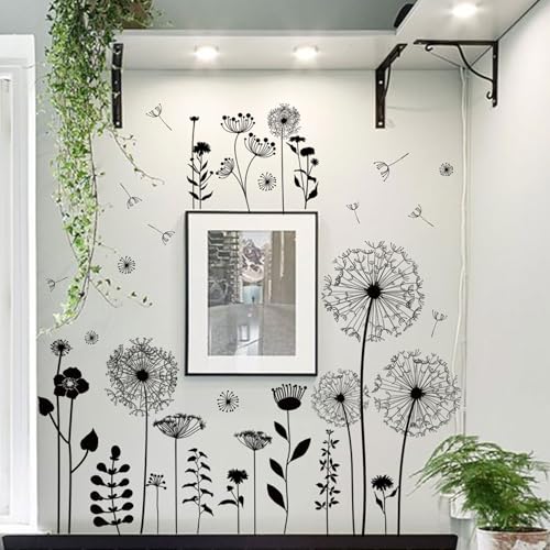 CharmFlo Black Dandelion Wall Decals Peel and Stick - Large Floral Wall Art Stickers with Flying Flowers, Boho Vintage Removable Vinyl Decor for Bedroom Living Room Nursery Bathroom - Image 4