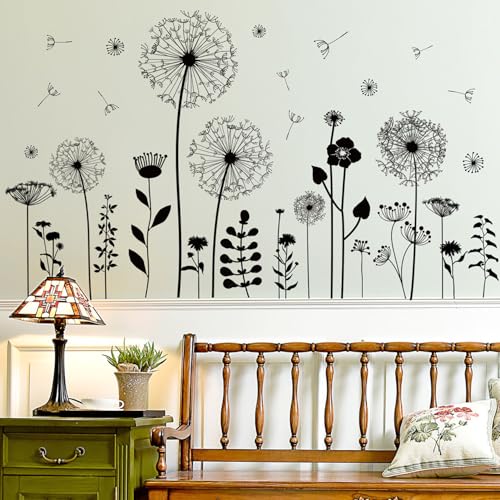 CharmFlo Black Dandelion Wall Decals Peel and Stick - Large Floral Wall Art Stickers with Flying Flowers, Boho Vintage Removable Vinyl Decor for Bedroom Living Room Nursery Bathroom - Image 5