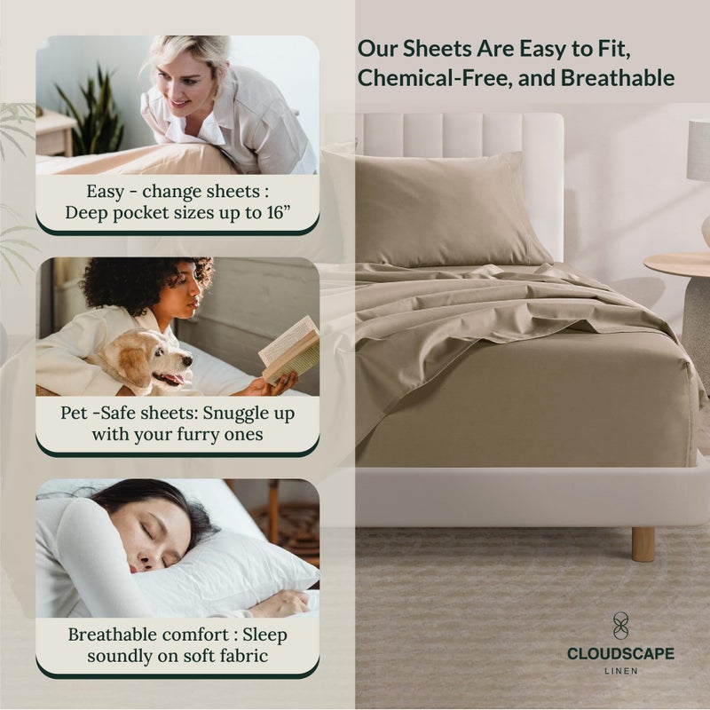 CLOUDSCAPE LINEN 100% Egyptian Cotton California King Sheet Set  4 Pieces Luxury Bedding Set  1000 Thread Count Hotel Quality  Silky Soft  Breathable and Durable  Deep Pockets up to 17  Taupe - Image 3