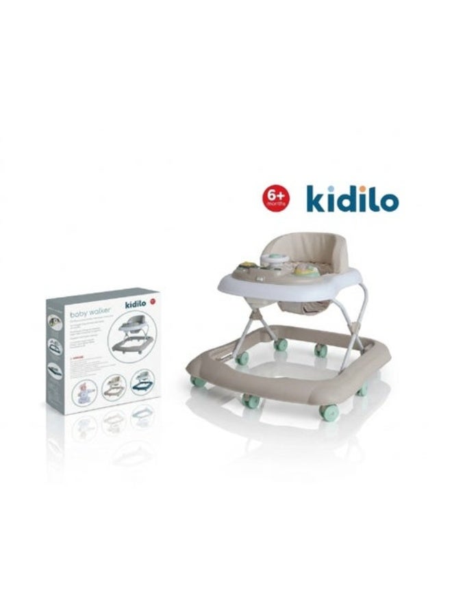 Kidilo Baby Walker with Musical Toy Tray and Foldable Frame - Beige/Tan