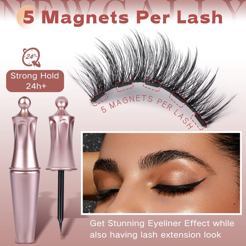 Newcally Magnetic Eyelashes with Eyeliner Kit Reusable Wispy Lashes Natural Look Magnetic Lashes Kit C-curly No Glue Needed 5 Pairs False Lashes with Magnetic Eyeliner & Tweezers - Image 4